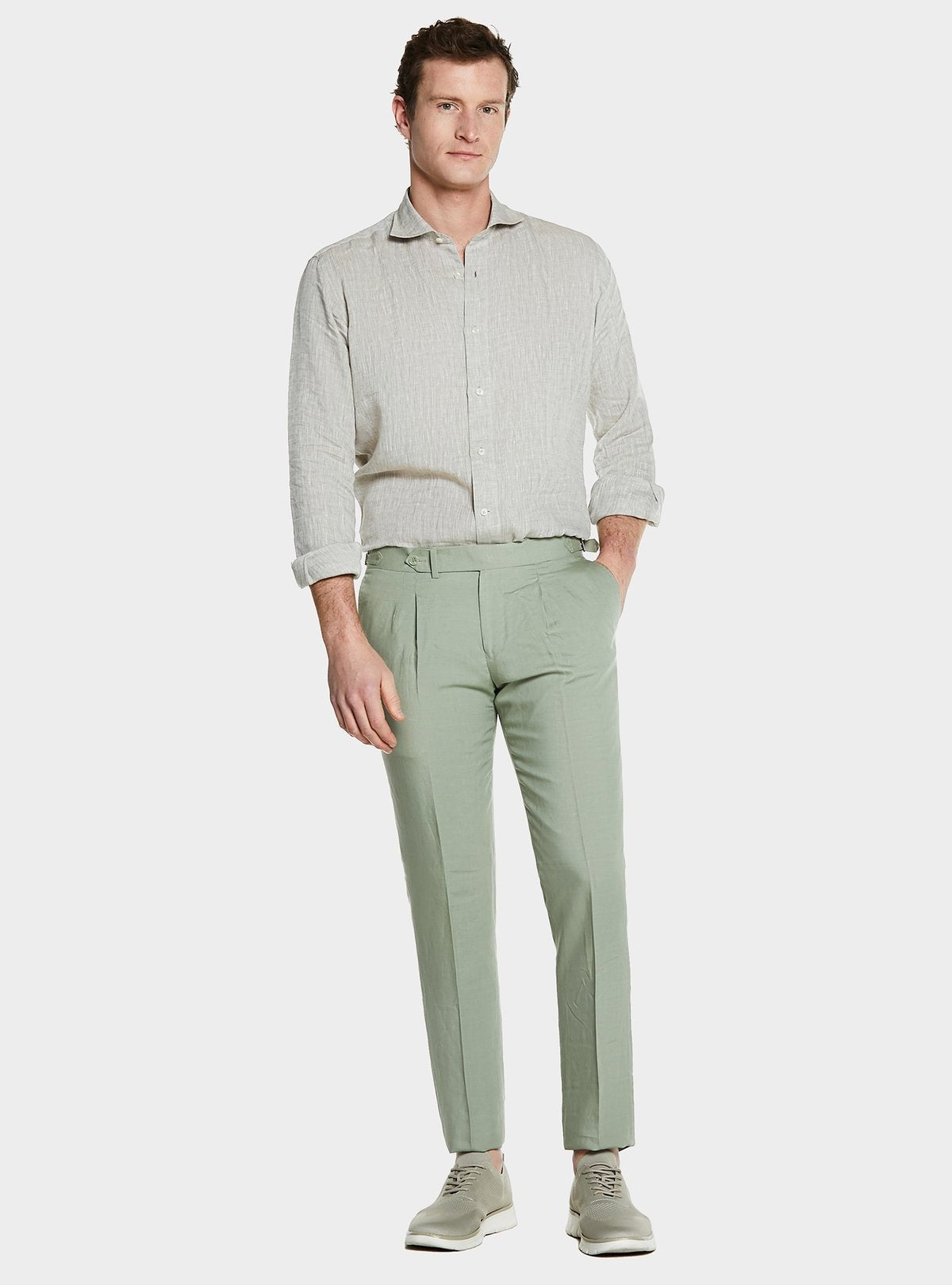 Pantaloni con doppia pince e fibbie in misto lino-3
