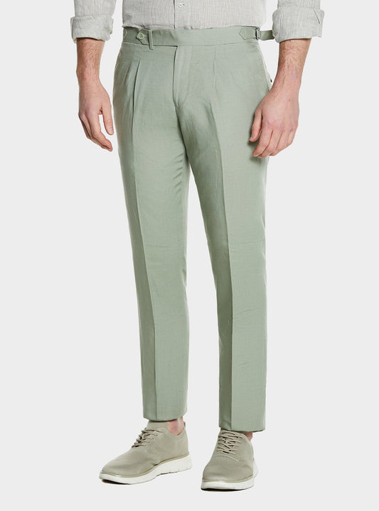 Pantaloni con doppia pince e fibbie in misto lino-0