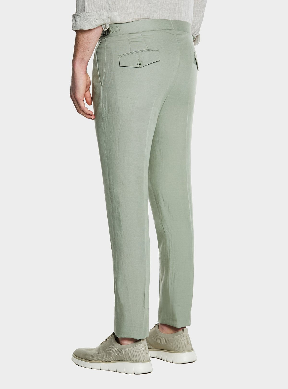 Pantaloni con doppia pince e fibbie in misto lino-2